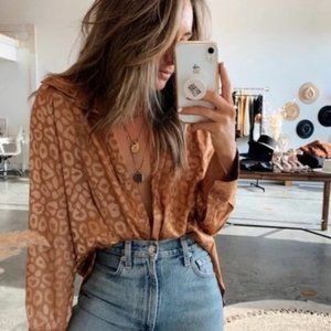 12th Tribe Button Down Gold Leopard Print Blouse - Size S